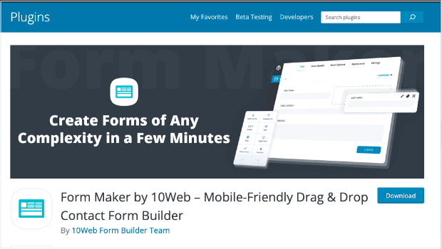WordPress plugin page for free version of Form Make by 10Web