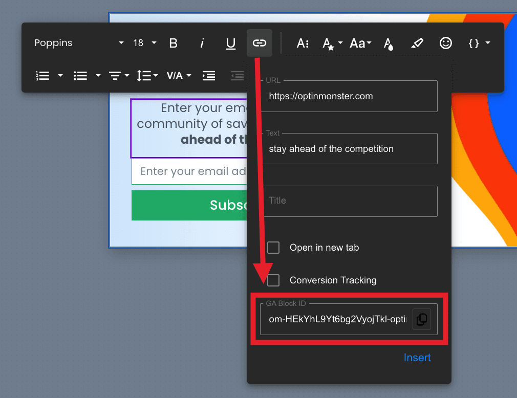 The GA Block ID is shown in the text link settings. - OptinMonster The GA Block ID is shown in the text link settings.