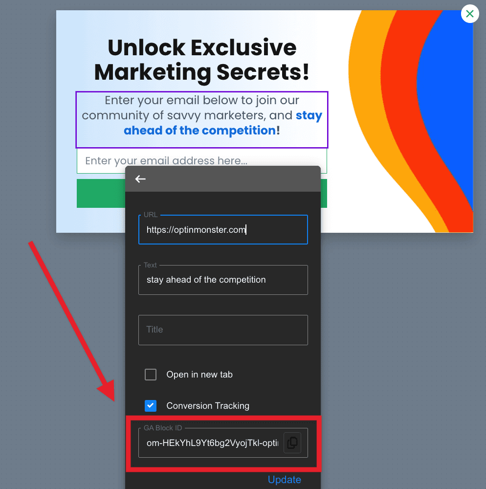 GA Block ID in an existing text link. - OptinMonster GA Block ID in an existing text link.