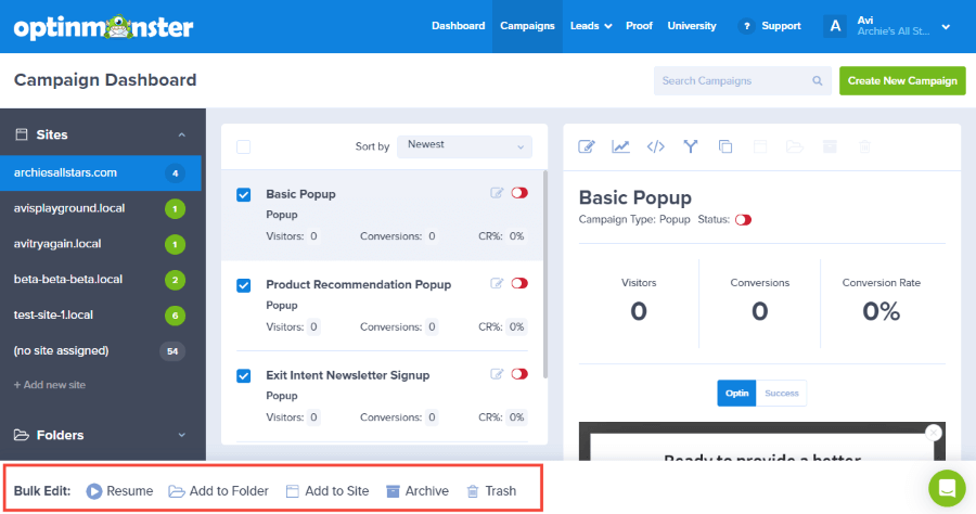 bulk edit action bar - OptinMonster