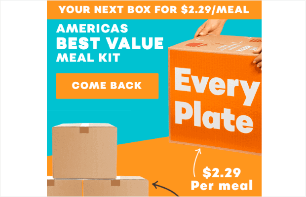 An automated email from EveryPlate. It offers a meal kit box for 