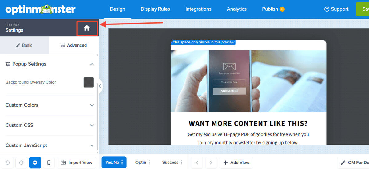 Home panel - OptinMonster Home panel