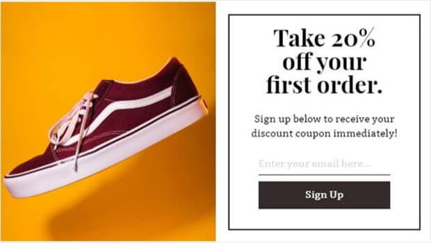 A lightbox popup with a photo of a sneaker. It says "Take 20% off your first order" and has an email signup form to receive the coupon code.
