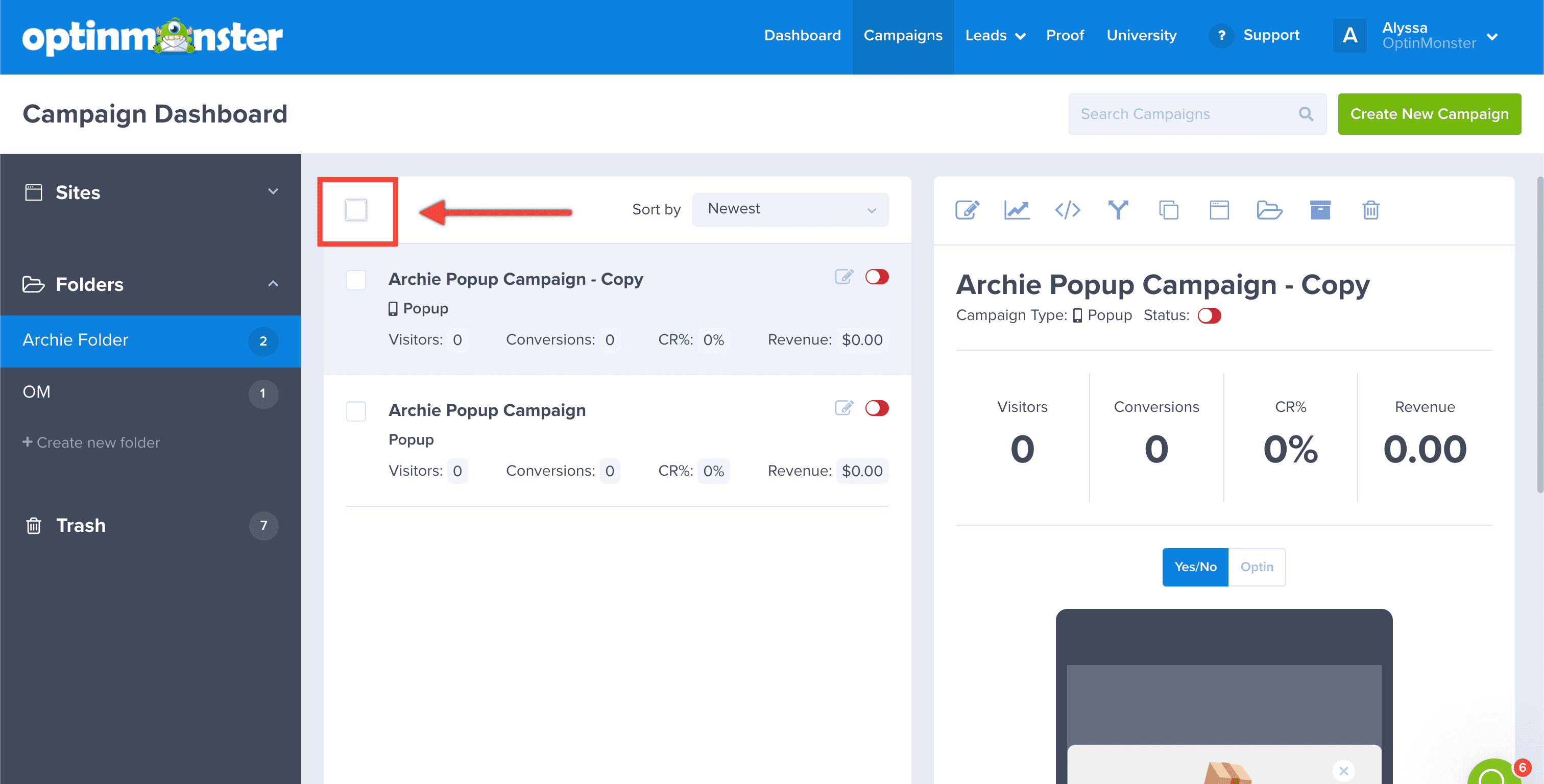 Bulk Select Campaigns - OptinMonster