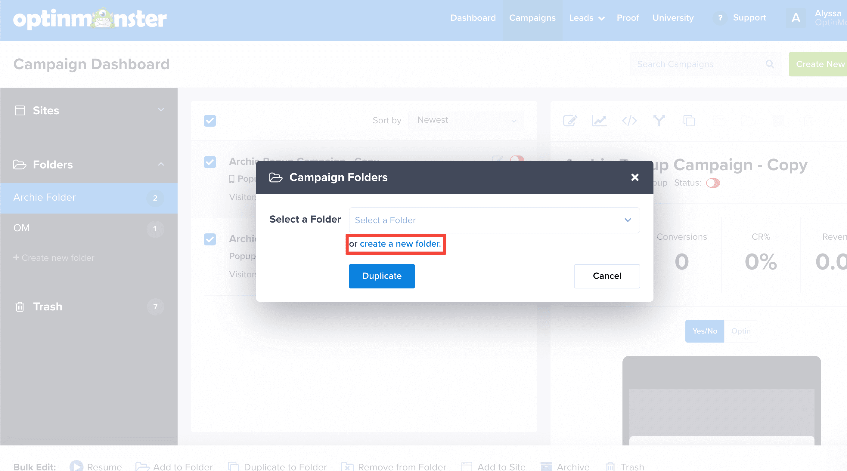 Create New Folder - OptinMonster