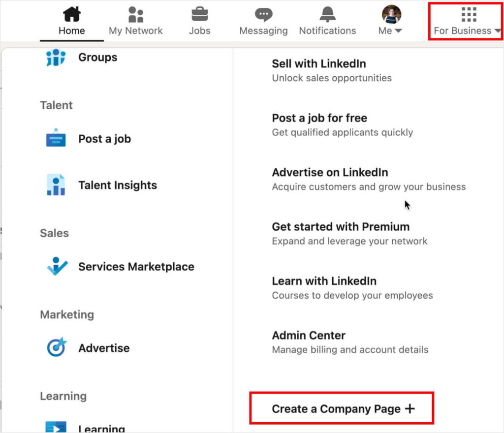 linkedin-create-company-page - OptinMonster LinkedIn page with "For Business" in the top menu selected. At the bottom of the expanded box, there's a link for "Create a Company Page."