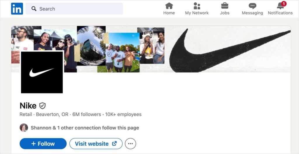 nike-linkedin-business-page-image - OptinMonster Nike's LinkedIn business page. The logo image shows the iconic Nike swoop. The cover image includes a larger version of the logo along with a photo collage of people wearing Nike products.