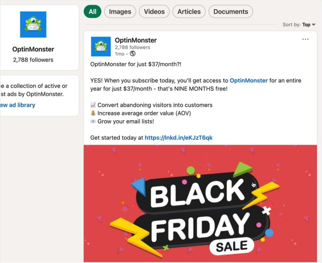 optinmonster-linkedin-business-page-post-example - OptinMonster OptinMonster LinkedIn post. A large graphic says "Black Friday Sale," and the text gives details on the sale and a link to buy.