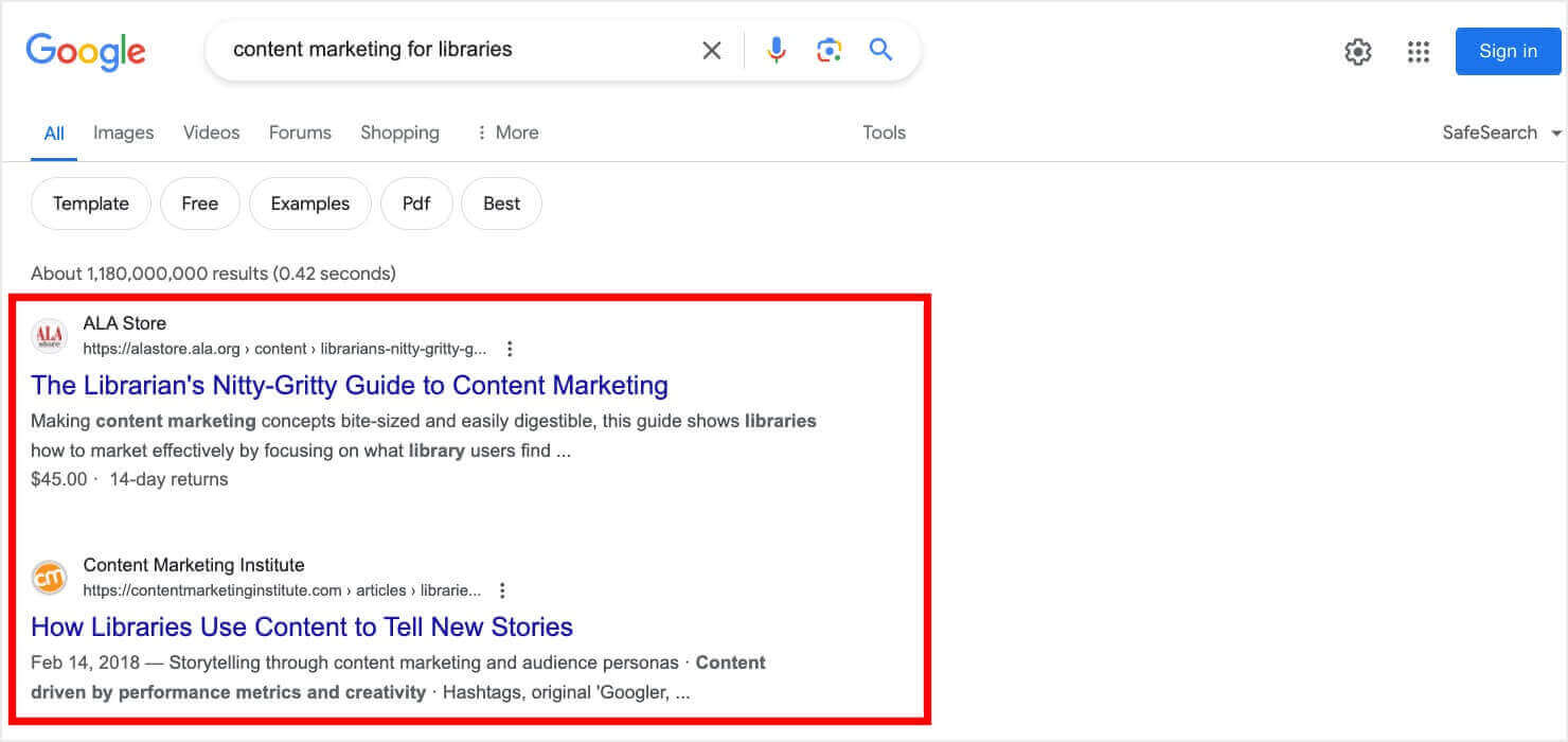Google search engine results page for the search query 'content marketing for libraries,' highlighting the top listing from ALA Store with the title 'The Librarian's Nitty-Gritty Guide to Content Marketing.' The snippet below the title reads 'Making content marketing concepts bite-sized and easily digestible, this guide shows libraries how to market effectively by focusing on what library users find...' The listing shows a price of $45.00 and a 14-day return policy. Below is another listing from the Content Marketing Institute titled 'How Libraries Use Content to Tell New Stories'