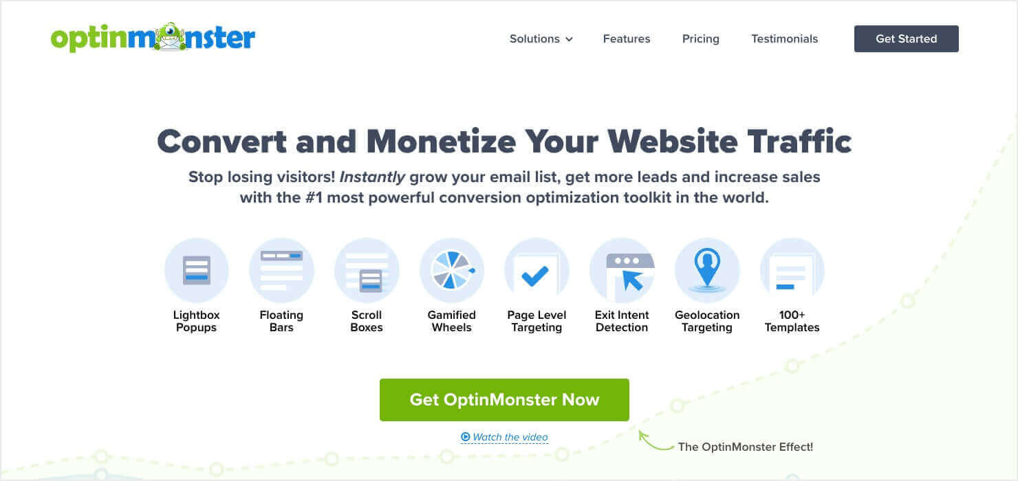 Screenshot of OptinMonster homepage. It says "Convert and Monetize Your Website Traffic. Stop losing visitors! Instantly grow your email list, get more leads and increase sales with the #1 most powerful conversion optimization tool in the world." A line of icons read "Lightbox Popups, Floating Bars, Scroll Boxes Gamified Wheels, Page-Level Targeting, Exit Intent Detection, Geolocation Targeting, 100+ Templates."