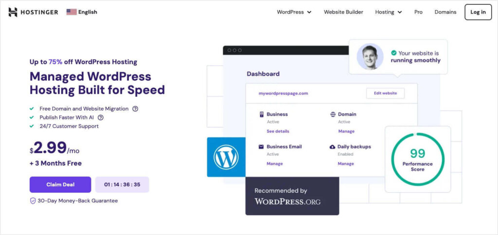 Homepage for Hostinger managed WordPress hosting