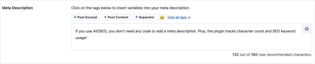 Meta description field in the AIOSEO plugin. Below the field, it says "132 out of 160 max recommended characters"