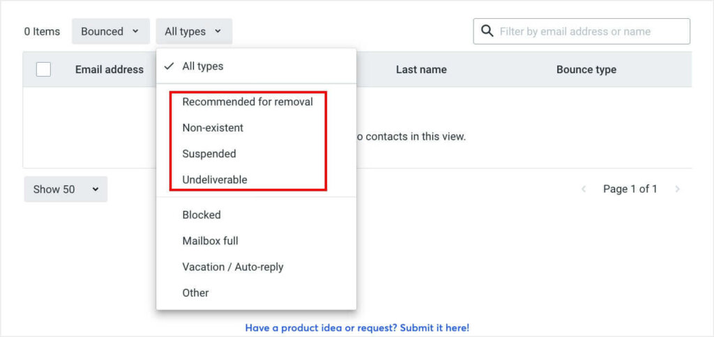 Above the list of bounced emails, the "All types" dropdown includes:
Recommended for removal
Non-existent
Suspended
Undeliverable

Removee these addresses for a clean email list.