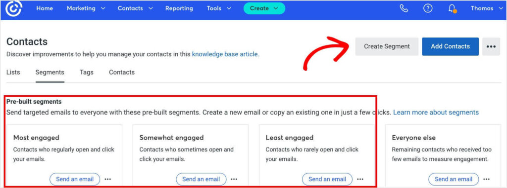 The "Create Segment" button is in the upper right corner of Constant Contact's Segments page.