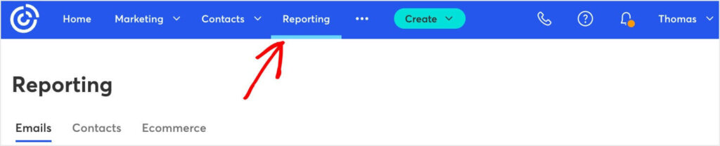 "Reporting" is in the top menu in the Constant Contact Dashboard.