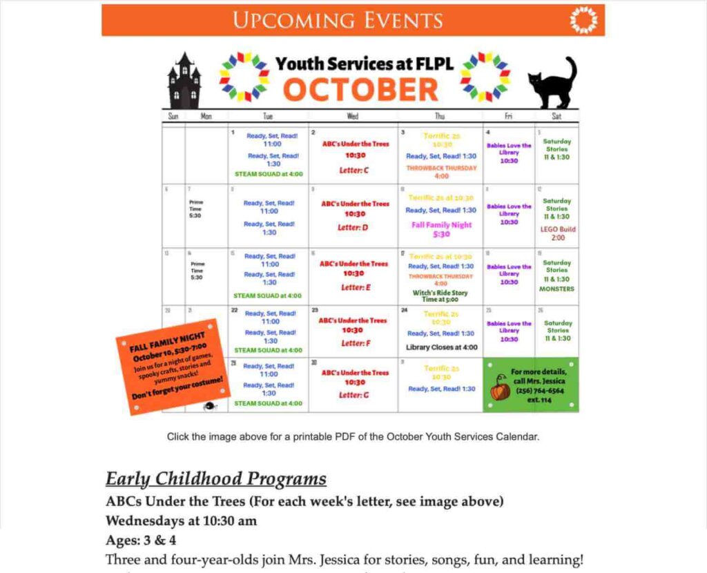 The email continues with an image of a detailed October event calendar. The caption says "Click the image above for a printable PDF of the October Youth Services Calendar."
Below, a heading says "Early Childhood Programs," beginning a list of events categorized by age range. 
