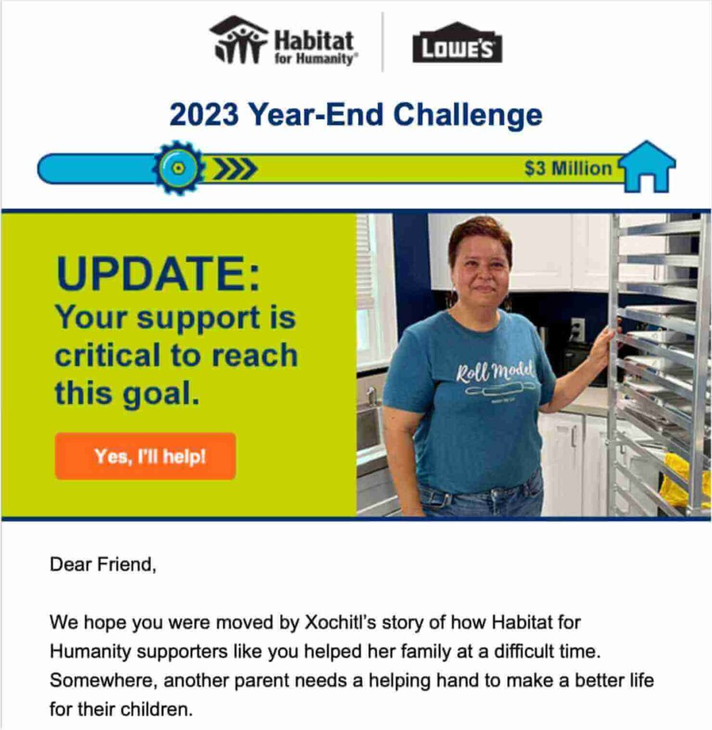 Email from Habitat for Humanity that features a photo of a smiling woman standing in a simple but nice kitchen. Email copy mentions how "Habitat for Humanity supporters like you" helped her family at a difficult time.