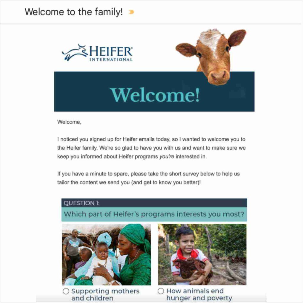 Heifer International Nonprofit Newsletter Welcome Email:
Subject line: "Welcome to the family!"
The image welcomes new subscribers to Heifer International, featuring a cow at the top. The email body begins, "I noticed you signed up for Heifer emails today, so I wanted to welcome you to the Heifer family. We're so glad to have you with us and want to make sure we keep you informed about the Heifer programs you're interested in." It goes on to invite readers to take a survey to tailor the content they will receive in the future.