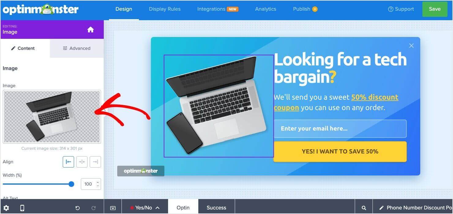 An image is selected, revealing options in the left panel to replace or edit the image.