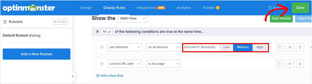 Exit-Intent Sensitivity options are Low, Medium, and High. The Save button is in the upper right corner.