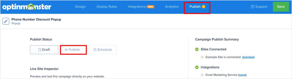 The "Publish" tab at the top of the page is selected. Under "Publish Status," there are 3 options: Draft, Publish, and Schedule. 