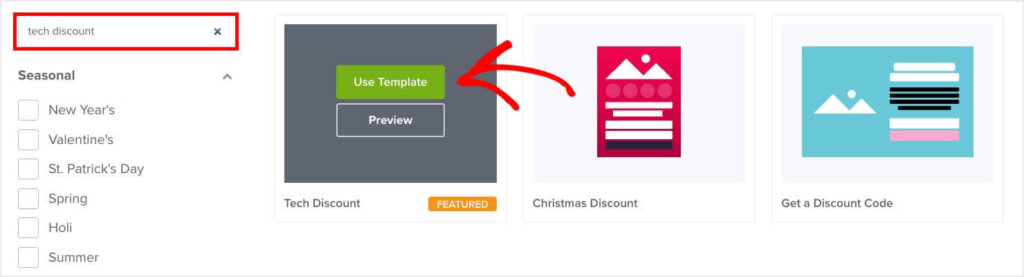 The search box to the left has "tech discount" typed into it. The first result is the "Tech Discount" template.