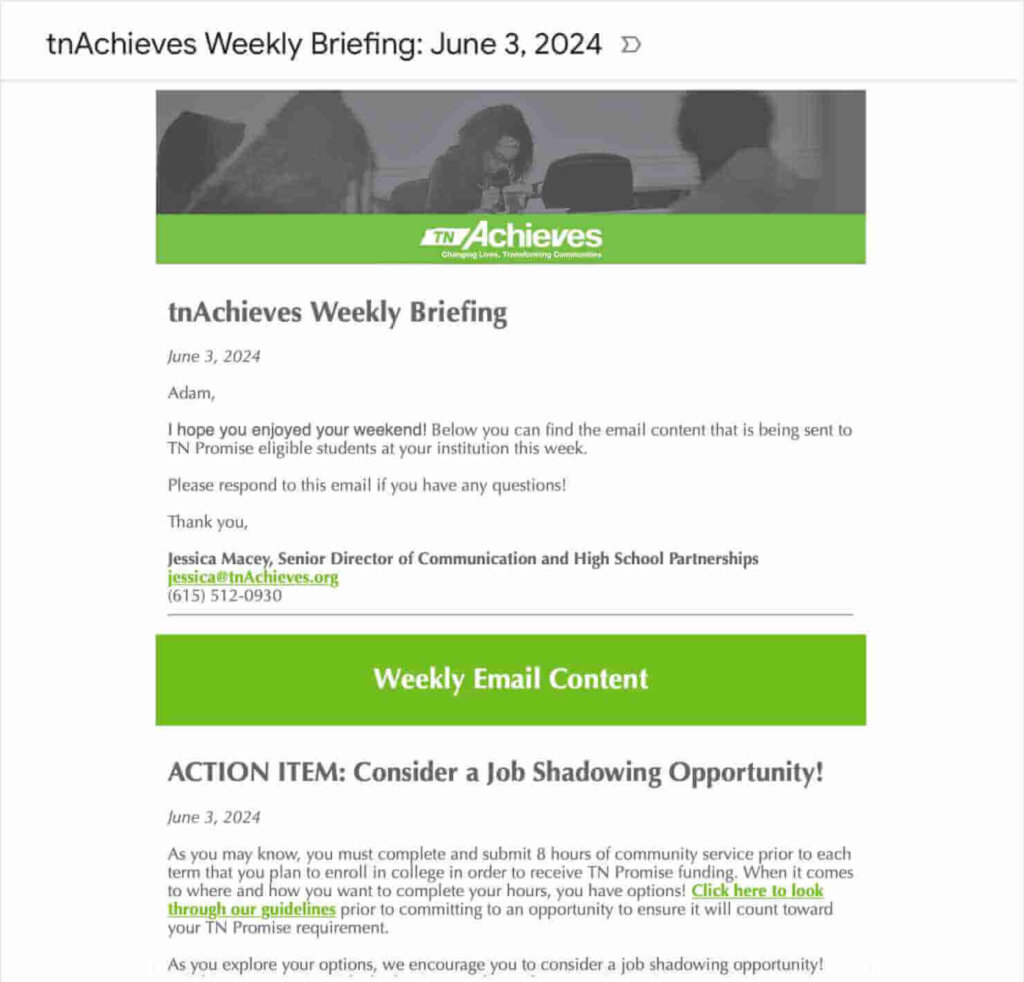 Subject line: "tnAchieves Weekly Briefing: June 3, 2024"
The image is a weekly briefing email from tnAchieves. It includes a welcome message, contact details for senior director Jessica Macey, and an action item encouraging students to consider a job shadowing opportunity.