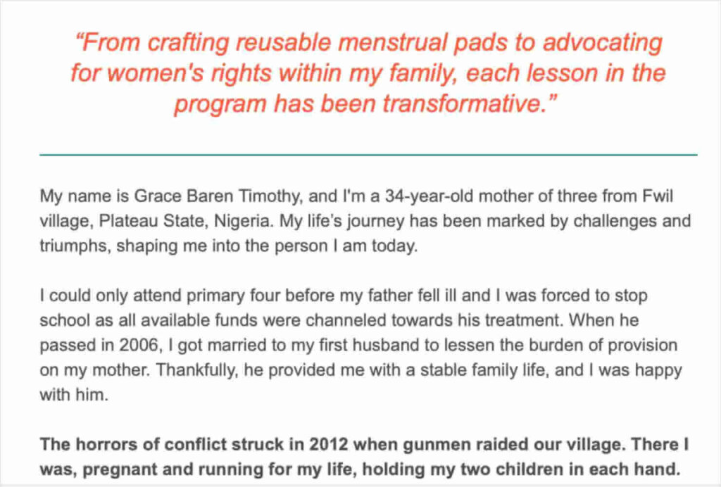 The image continues Grace's story, describing her journey and the challenges she faced. It emphasizes the transformative impact of the Women for Women International program on her life and her family's. It begins with a pull quote: "From crafting reusable menstrual pads to advocating for women's rights within my family, each lesson in the program has been transformative."