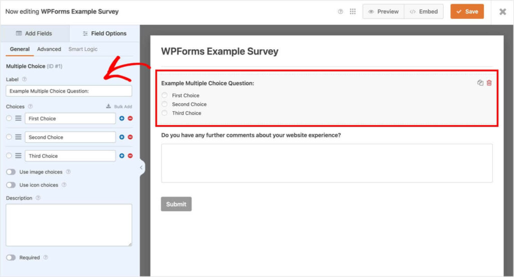 WPforms field options menu for its online survey tool