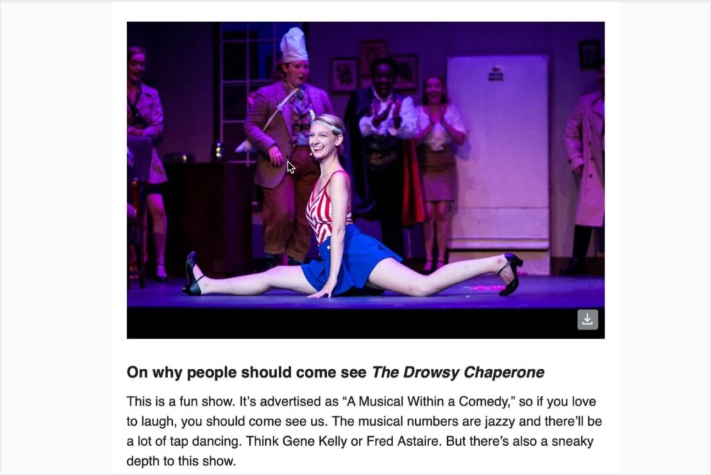 An screenshot from later in TVAA's email campaign. It features a photo of the same woman doing the splits on stage. Below the photo