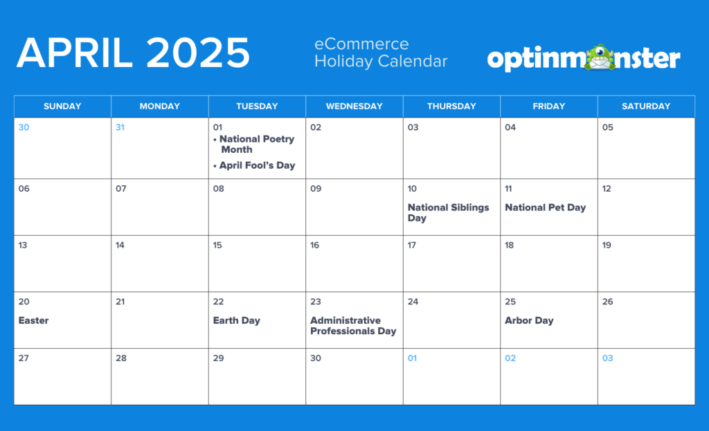 April 2025 eCommerce calendar of holidays