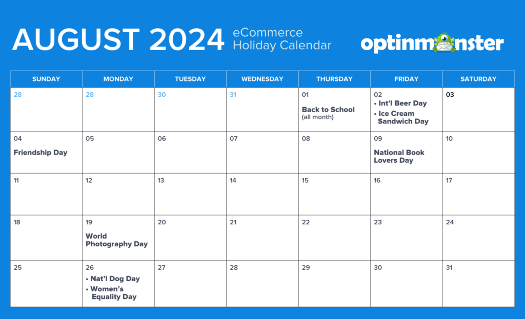 August 2024 eCommerce calendar of holidays