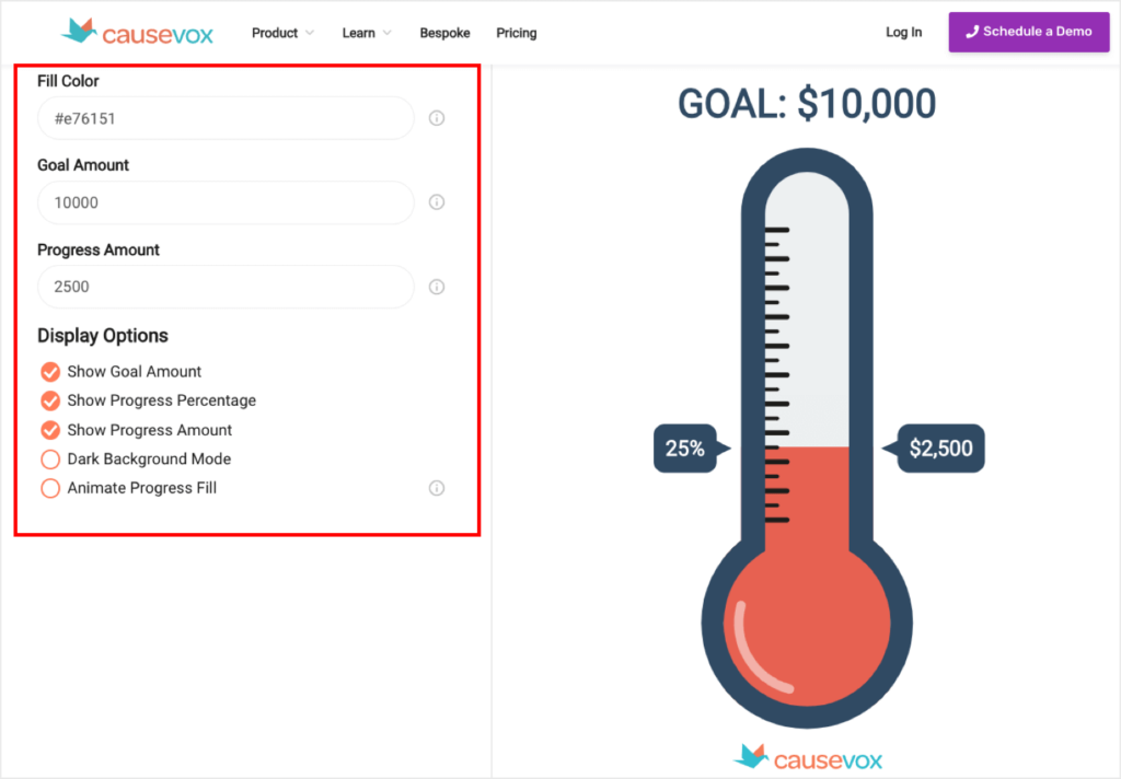 In CauseVox's fundraising thermometer template, you select the color, goal amount and progress amount. You also can choose between several display options.