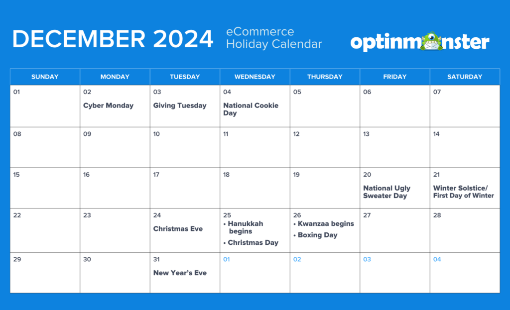 December 2024 eCommerce calendar of holidays