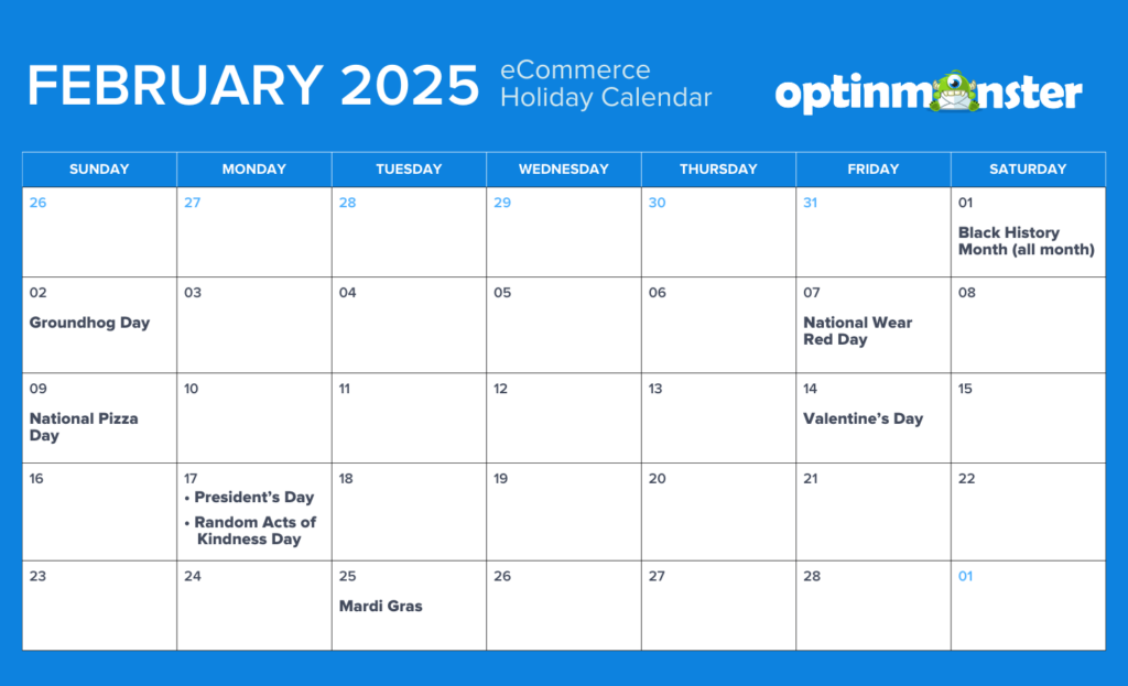 February 2025 eCommerce calendar of holidays