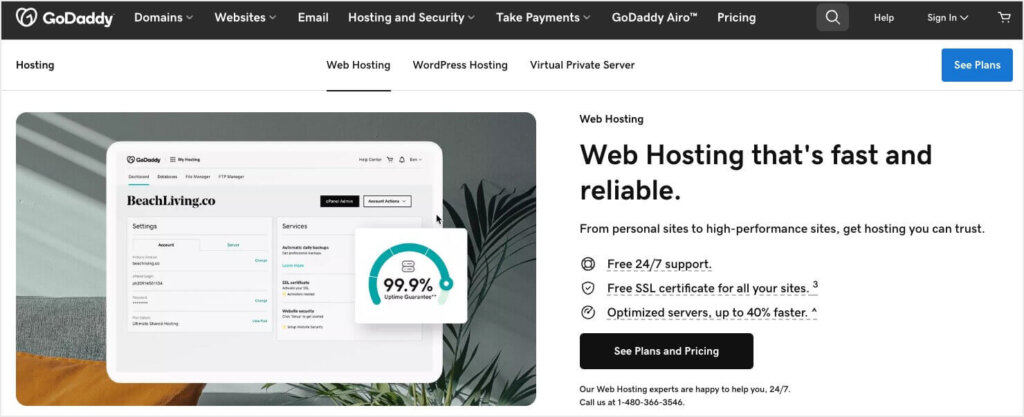 Web Hosting page for GoDaddy