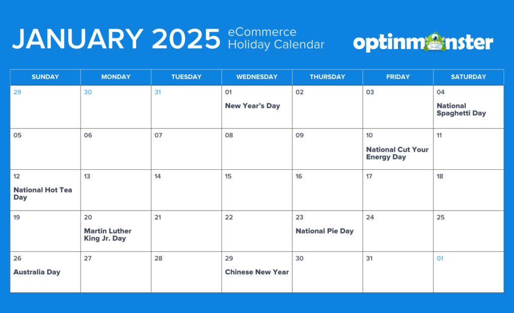 January 2025 eCommerce calendar of holidays