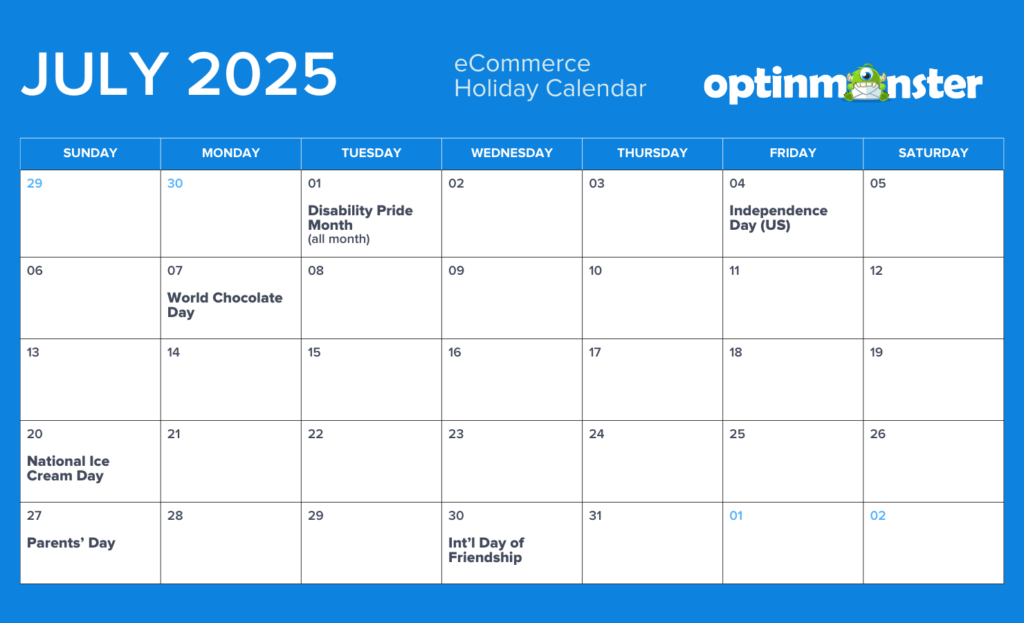 July 2025 eCommerce calendar of holidays