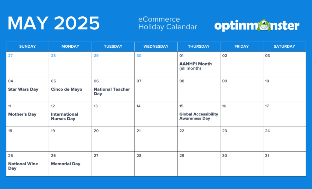 May 2025 eCommerce calendar of holidays