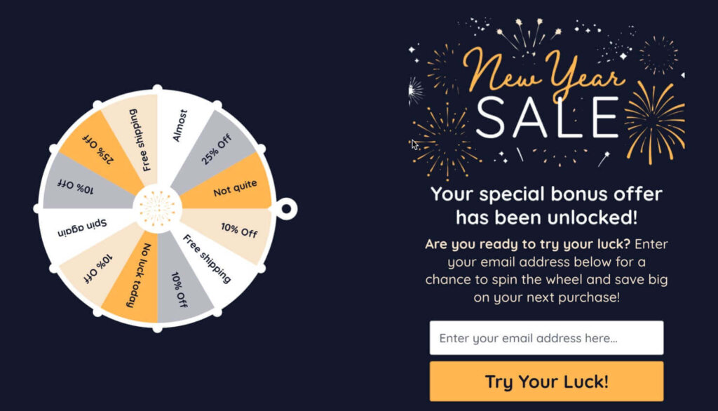 A New Year Sale full-screen popup that includes a coupon wheel. You have to enter your email address to spin the wheel.