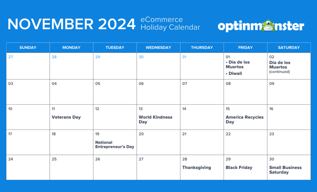 November 2024 eCommerce calendar of holidays