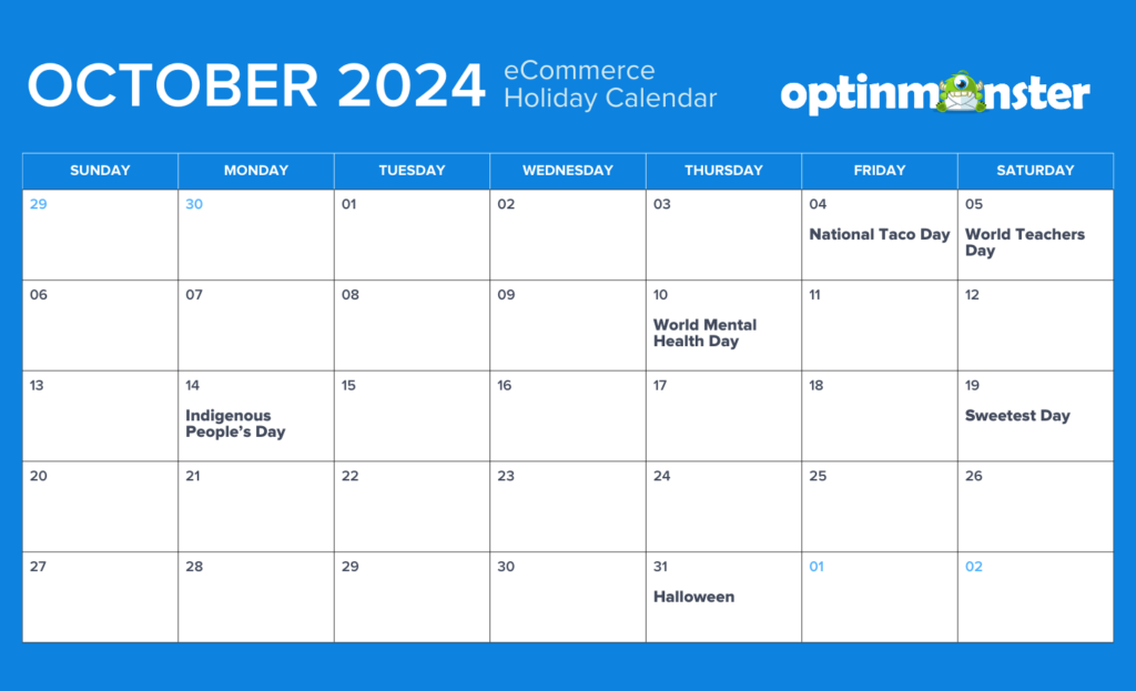 October 2024 eCommerce calendar of holidays