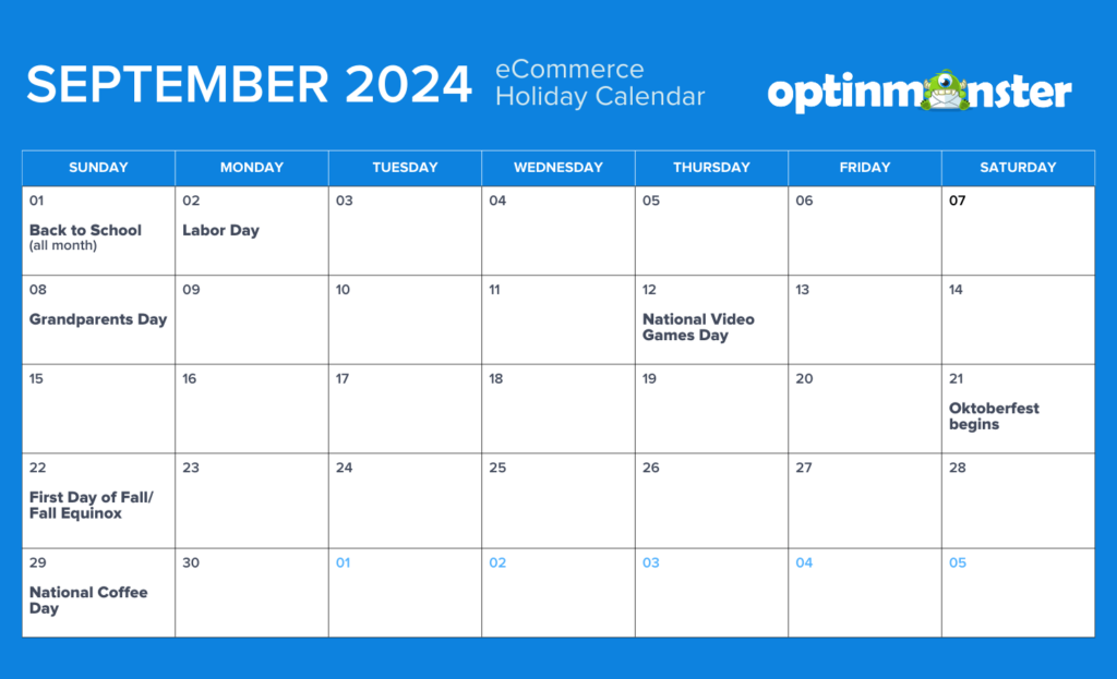 September 2024 eCommerce calendar of holidays