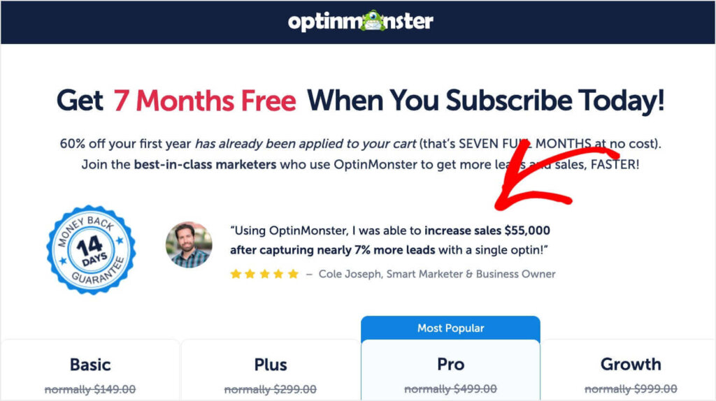 OptinMonster pricing page that features a UGC testimonial. It says: "Using OptinMonster, I was able to increase sales $55,000 after capturing nearly 7% more leads with a single optin!" - Cole Joseph, Smart Marketer & Business Owneer