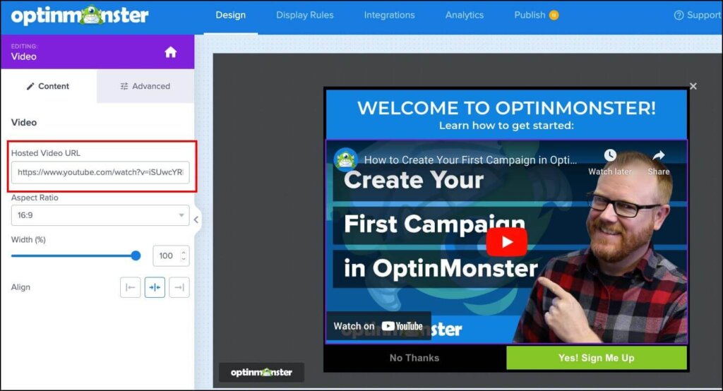 Screenshot of a popup being edited in OptinMonster's drag-and-drop builder. The popup has a YouTube video embedded into it.