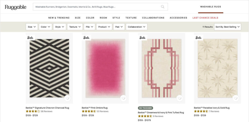 Ruggable website, showing several Barbie-inspired rugs. Brand collaborations make the Barbie movie one of the best marketing campaigns.