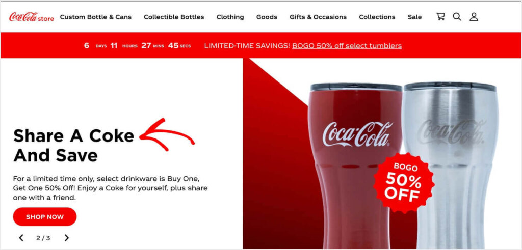 Coca-Cola store website with the heading "Share A Coke and Save" for a Buy One, Get One 50% off promotion.