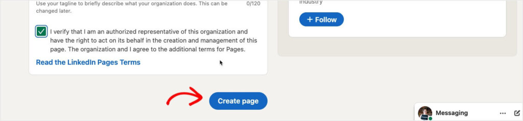 linkedin-business-page-click-create-page - OptinMonster "Create page" button at the bottom of the LinkedIn company page form.