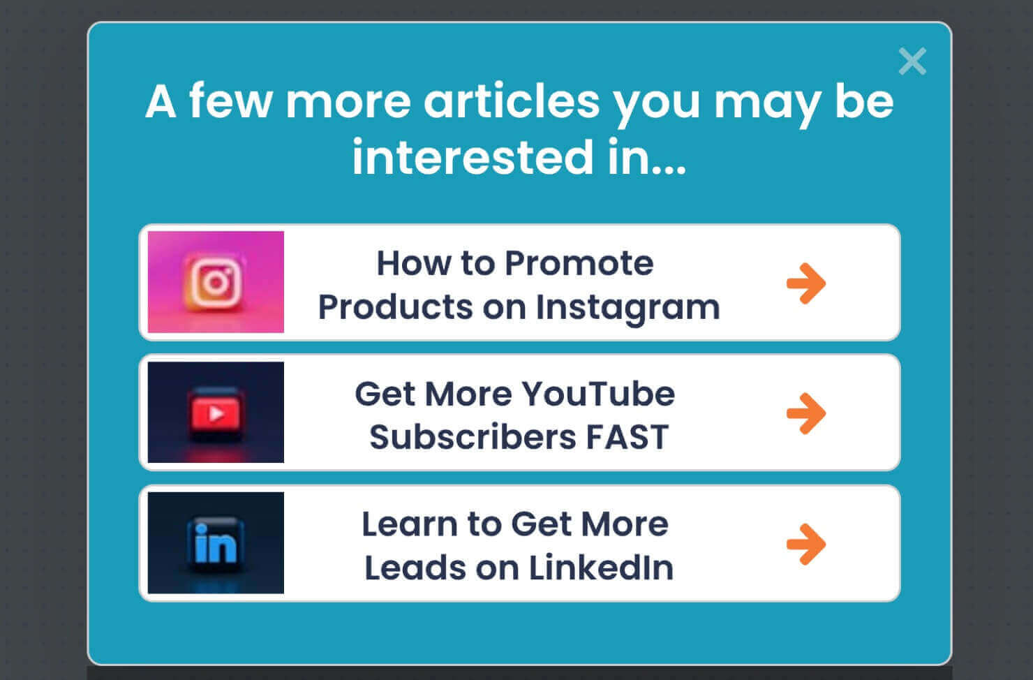 multiple-event-tracking-example-2 - OptinMonster A slide-in box with the heading "A few more articles you may be interested in..."
Then there are 3 buttons that link to different blog posts.