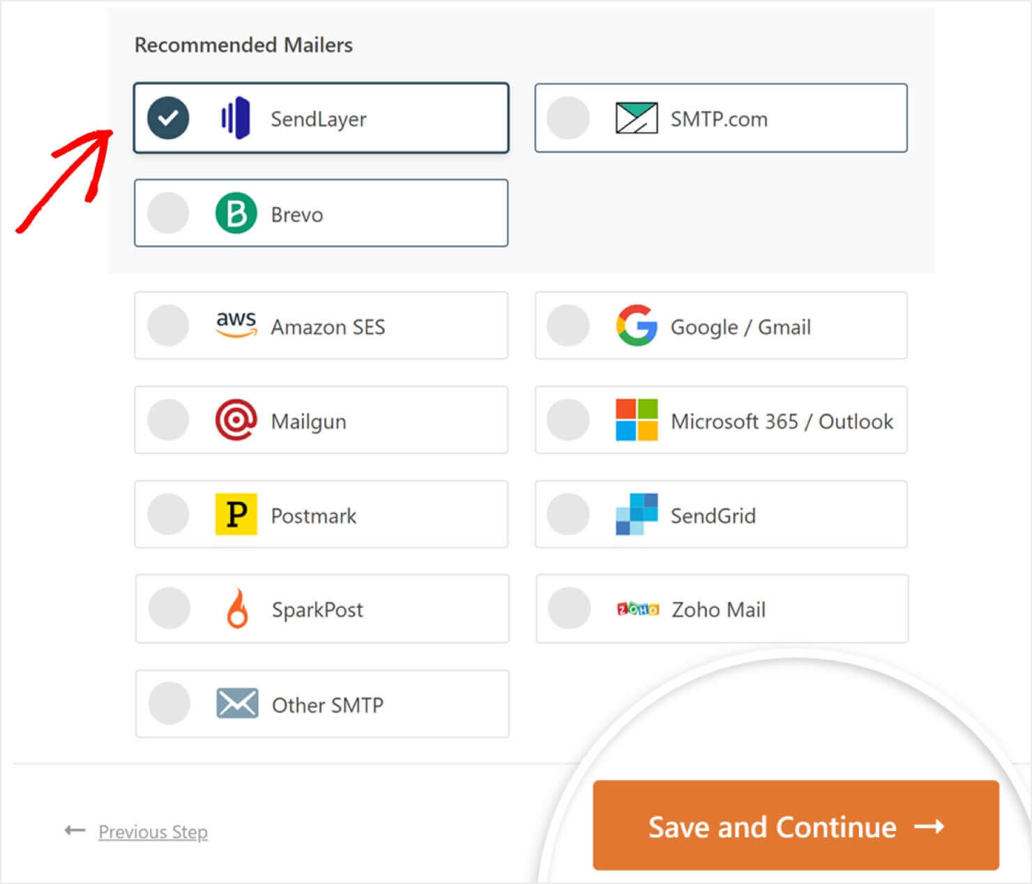 choose-mailer-wp-mail-smtp - OptinMonster In WP Mail SMTP's settings, the recommended mailers are SendLayer, SMTP.com, and Brevo. Several other optoins are listed below.